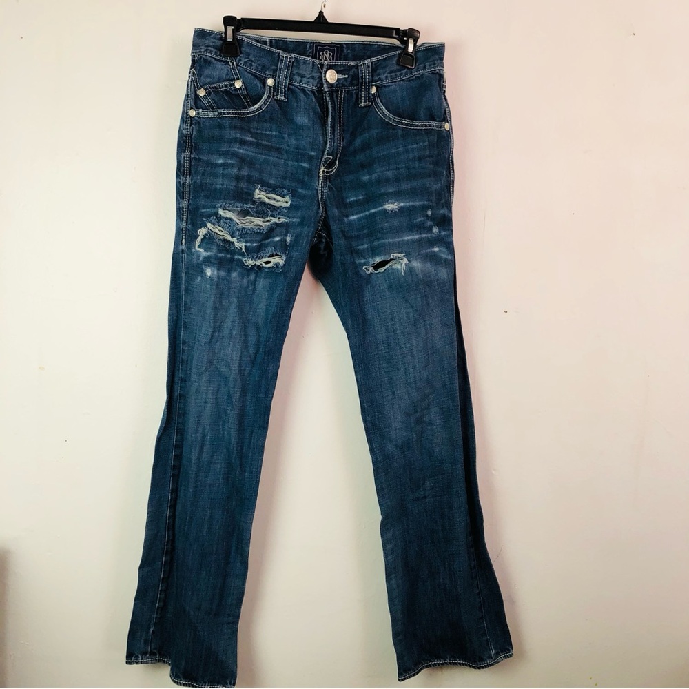 Rock & Republic Distressed Straight Leg Jeans in Dark Blue